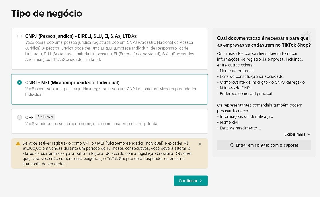 Tela de cadastro MEI no TikTok Shop